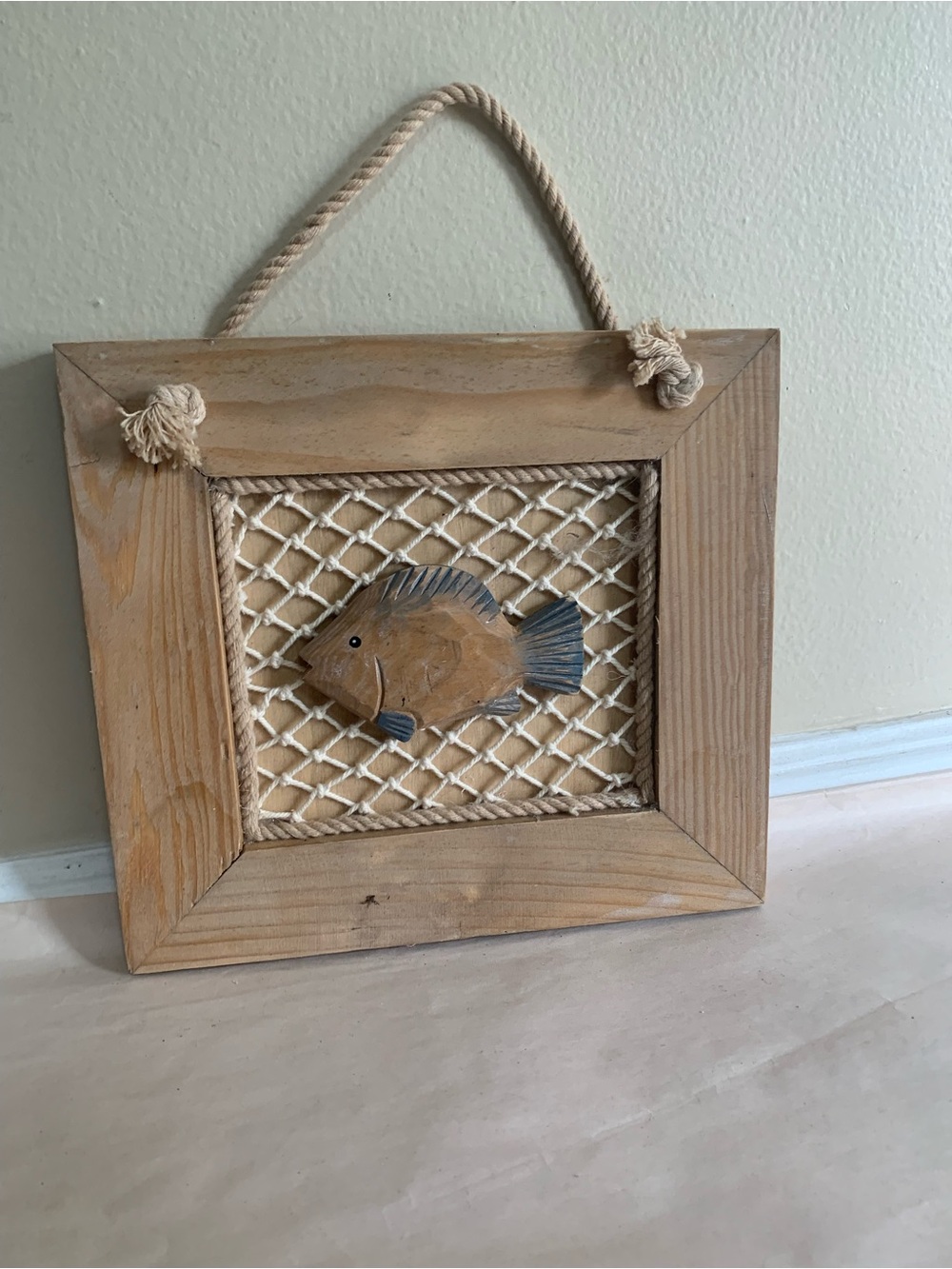 Hand-Carved Wooden 3D Fish Frame Nautical Wall Hanging  W/Net Coastal Decor 9x8